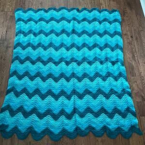 Vintage Ripple Teal Baby Afghan Knit Throw or Crib Blanket 44x50